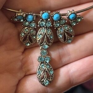 VTG Joann She Faux Turquoise Crystal Bib Necklace Boho Southwestern Statement